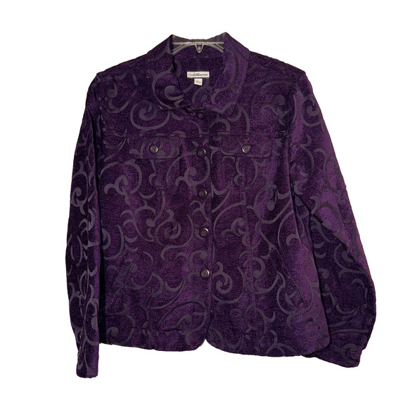Croft & Barrow Women’s Purple Scroll Velvet Jacket Size L Rayon Blend Button - Picture 1 of 12